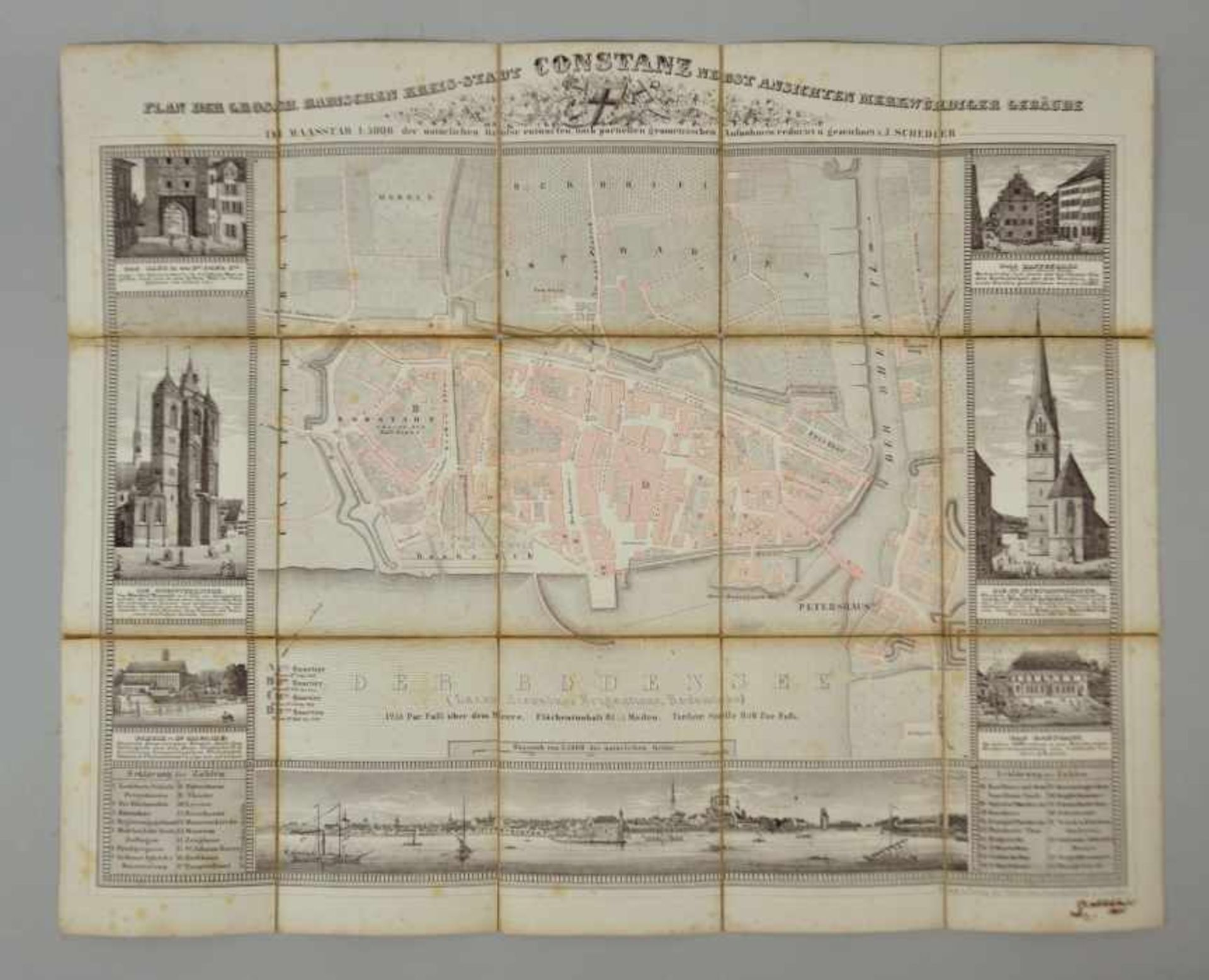 STADTPLAN KONSTANZ "Plan der großen badischen Kreis-Stadt Constanz nebst Ansichten merkwürdiger