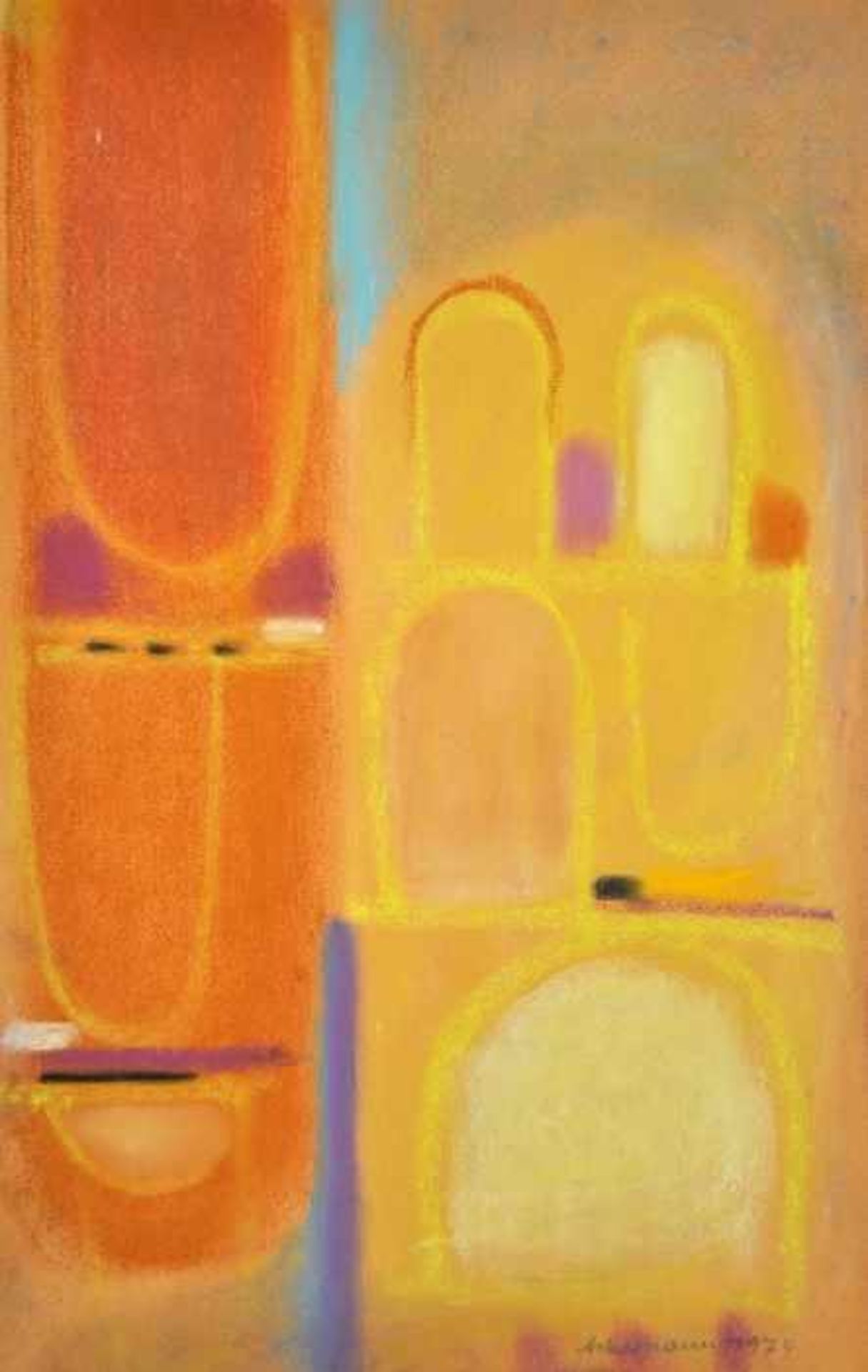 ACKERMANN Max (1887 Berlin - 1975 Unterlengenhardt) "Ohne Titel", Bögen in Gelb auf orangenem Grund,
