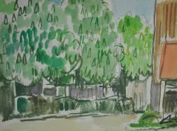 SAUERBRUCH Hans (1910 Marburg - 1996 Konstanz) "Kastanienbäume" an der Laube, Straßenansicht mit