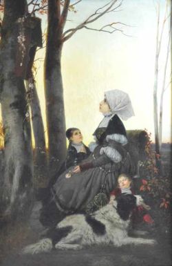 WAGNER Ferdinand II. (1847 - 1927) "Andacht am Wegkreuz" in abendlicher Stimmung, intime familiäre
