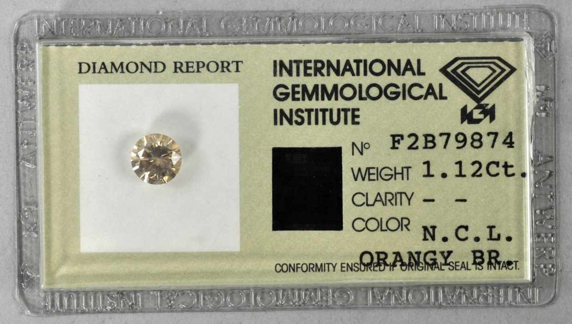 DIAMANT 1, 11ct, Fancy-Diamond in Orange-Brauner Farbe, eingeschweißt mit Beschreibung, Nummerierung