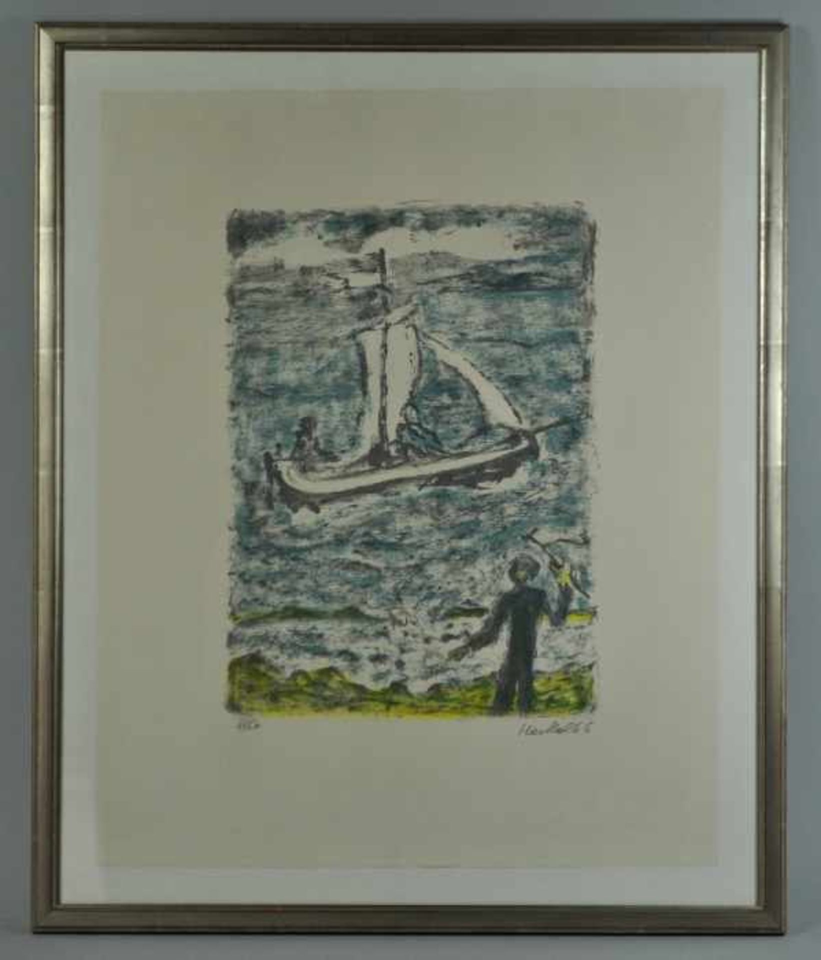 HECKEL Erich (1883 Döbeln - 1970 Radolfzell am Bodensee) "Segelschiff" mit Seglern und Personen am - Bild 2 aus 3