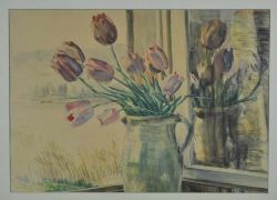 MÜLLER-ZELL Wilhelm (1894 - 1986 Radolfzell) "Tulpen im Henkelkrug" in zarten violetten Tönen, auf