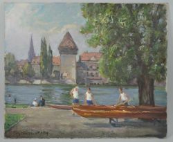 HILDEBRANDT Fritz (1878 Quedlinburg - 1970 Konstanz) "Ruderer am Rhein", mit Boot, im Hintergrund