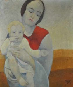 BJELIK Walter (1905 - 1941 Österreich) "Mutter mit Kind", Mutter in rotem Kleid auf ihrem Schoß