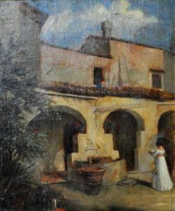 LANDSCHAFTER (Ende 19.Jh.) "Italienisches Landhaus", Eingang mit Brunnen, davor Dame in weißem