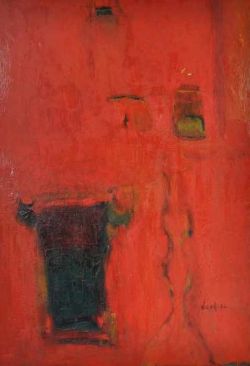 DÖRFLINGER Johannes (1941 Konstanz) "Abstrakt in Rot" mit dunklen Elementen, Öl auf Leinwand, rechts