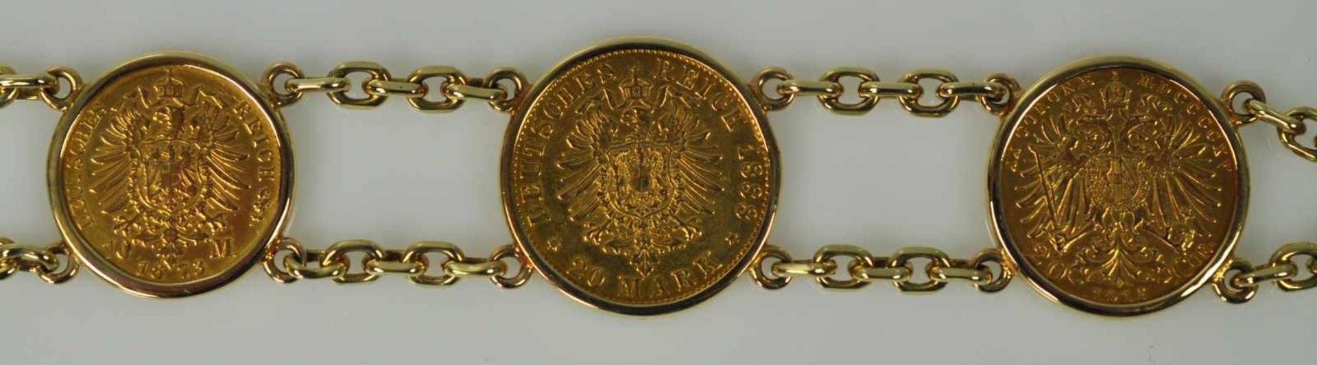 MÜNZARMBAND vier Goldmünzen in schlichter Fassung, Wilhelm I 20 RM 1874, 10 RM 1873, 20 RM Friedrich - Bild 3 aus 3