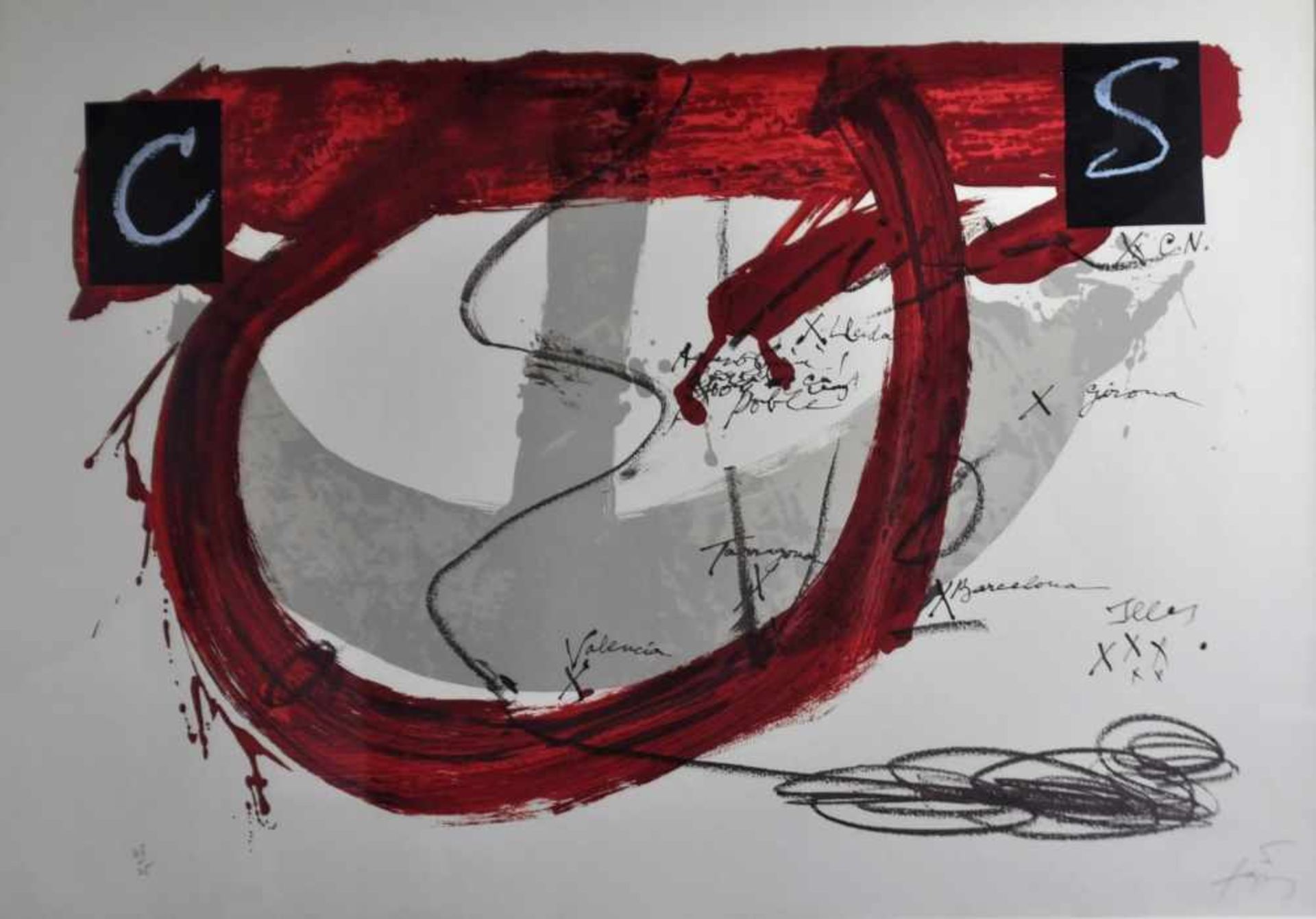 TAPIES Antoni (1923 - 2012 Barcelona) "Abstrakte Darstellung" in Grau und Rot mit spanischen