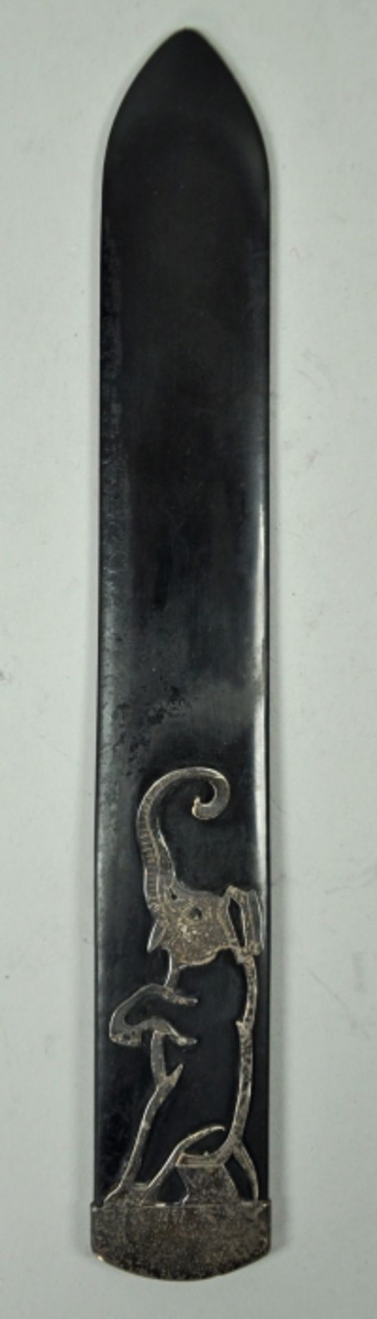 BRIEFÖFFNER breite Form, mit Silberbeschlag als Elefanten, Silber 935, L 25cm