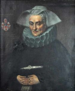 PORTRAITIST (17./18.Jh.) "Portrait einer Dame" mit Mühlsteinkragen u. Haube, seitlich Familienwappen