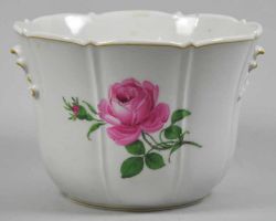 BLUMENTOPF dekoriert mit "Roter Rose", Meissen, Pfeifferzeit, 1. Wahl, H 12cm u. D 17cm