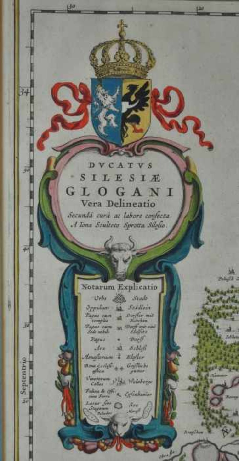 LANDKARTE SCHLESIEN "Ducatus Silesiae Glogani Vera Delineatio", handkolierte Kupferstichkarte aus - Bild 3 aus 4