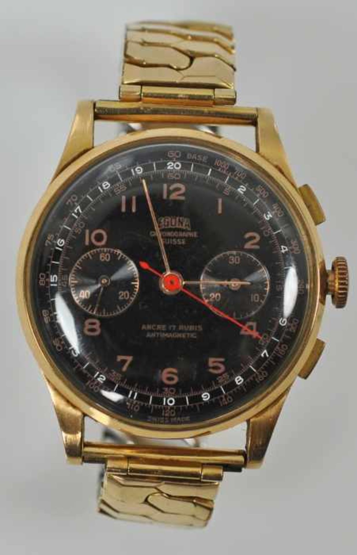 ARMBANDUHR Egona, Chronograph, Schweiz um 1955, Goldgehäuse 18ct, Gehäusenummer 108884 105O,