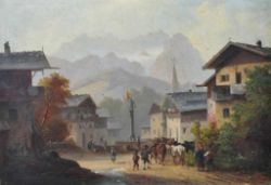 DOLL Anton (1826 - 1887 München) "Ansicht von Garmisch", Blick auf Floriansplatz mit Brunnen u.
