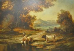 KÖNIG Günther (1926) "Kühe am Fluss", neben ihnen Magd, eingefasst von herbstlichen Bäumen, im