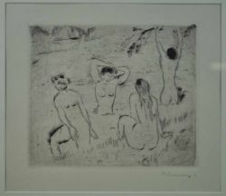 PURRMANN Hans (1880 Speyer - 1966 Basel) "Vier badende Frauen" an einem Seeufer badend, Radierung,