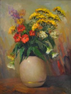 HODR Karel (1910 Prag - 2002 Konstanz) "Blumen", bunter Strauß in weißer bauchiger Vase auf Tisch,