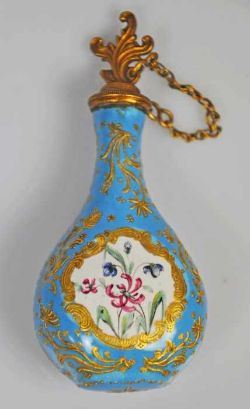 FLAKON Flaschenform, hellblauer Fond, dekoriert mit erhabenem Golddekor mit floralen Motiven,