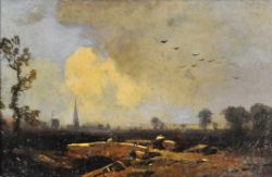 HOGUET Charles (1821 - 1870 Berlin) "Blick auf Stadt" in weiter Landschaft mit Brücke, Bäumen, Öl