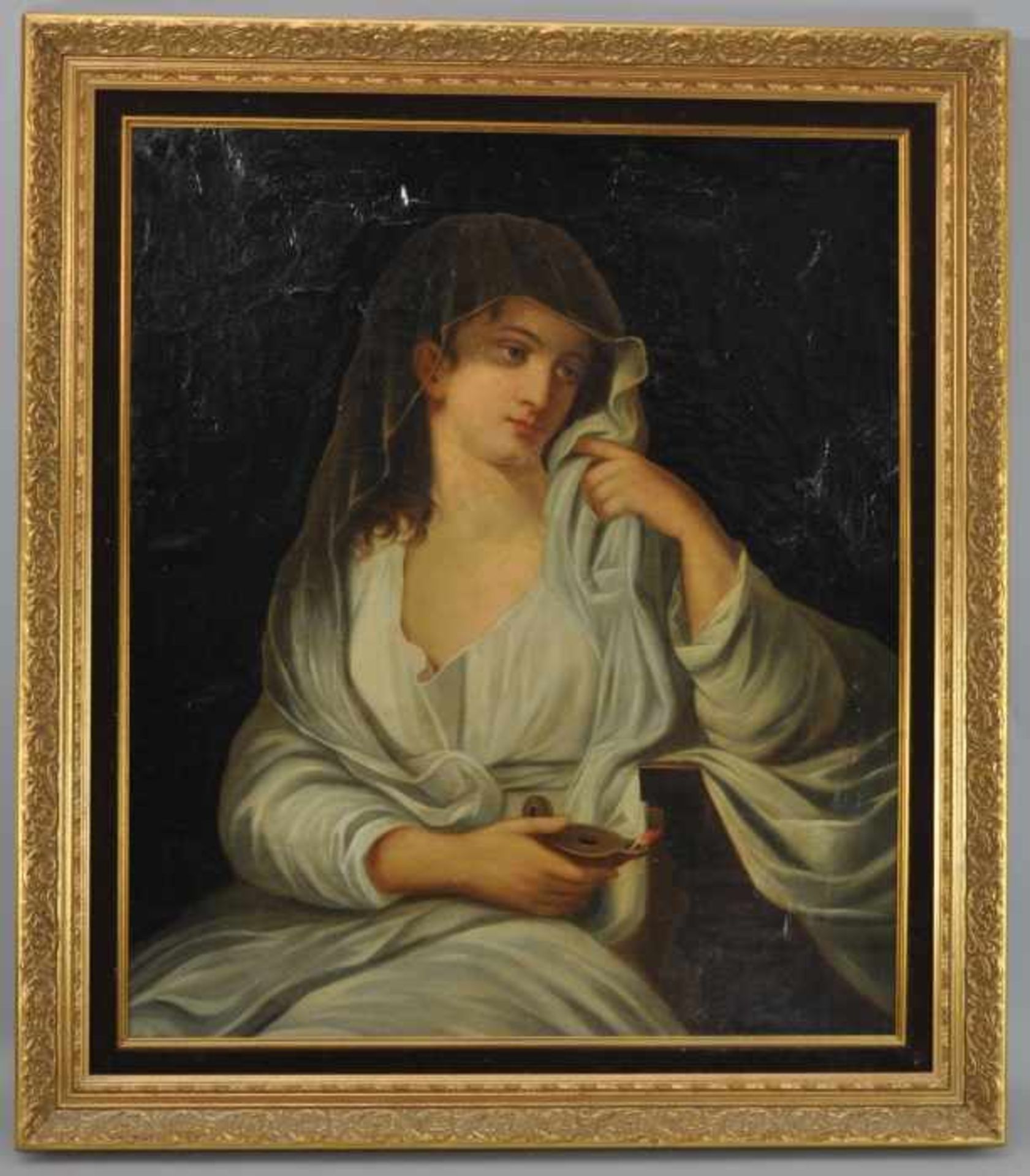 PORTRAITIST (18./19.Jh.) "Damenportrait" in Dreiviertelperspektive einer jungen Frau in weißem - Bild 2 aus 2
