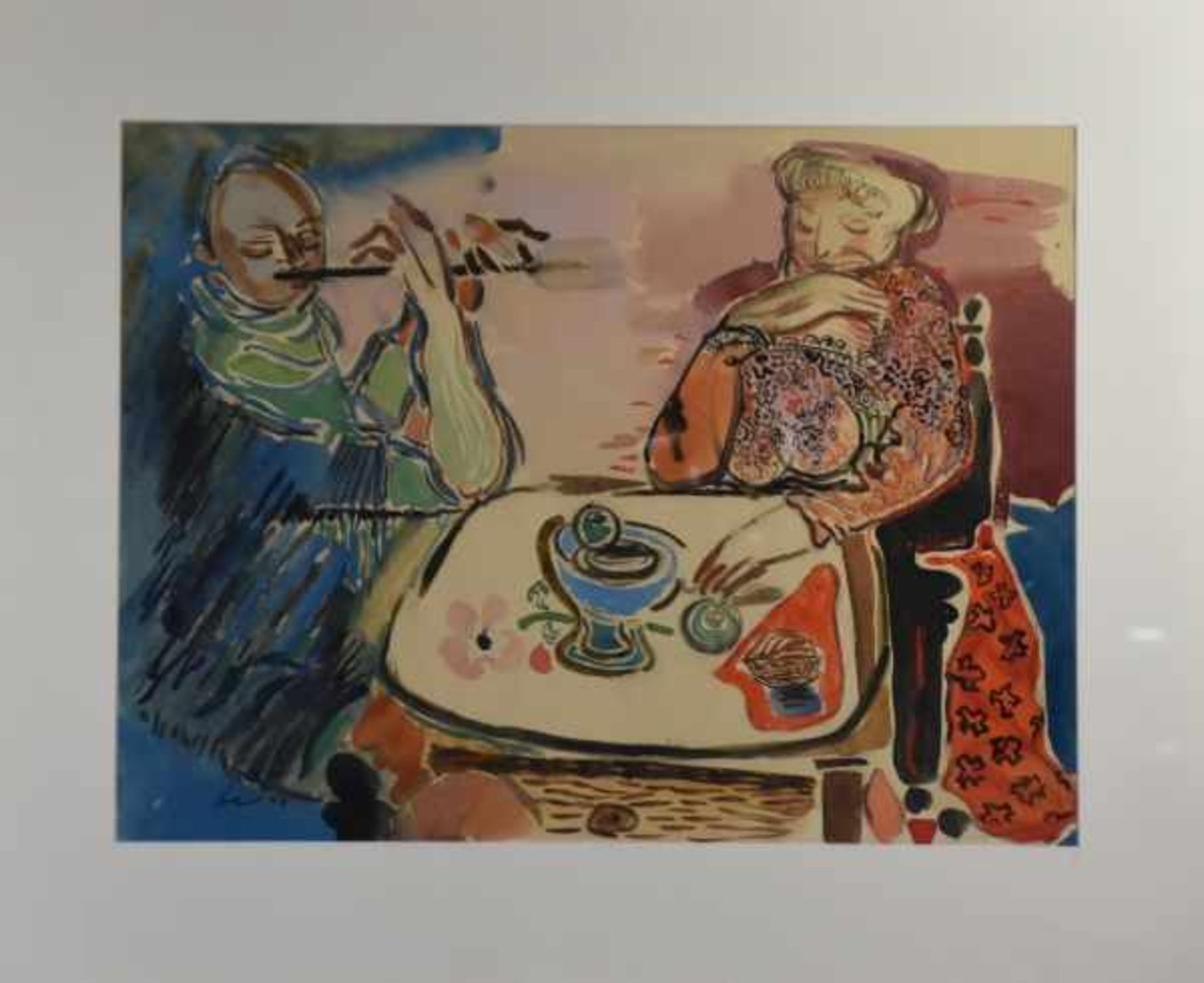 BECKER Curt Georg (1904 - 1972 Singen) "Paar am Tisch sitzend" auf welchem verschiedene Früchte