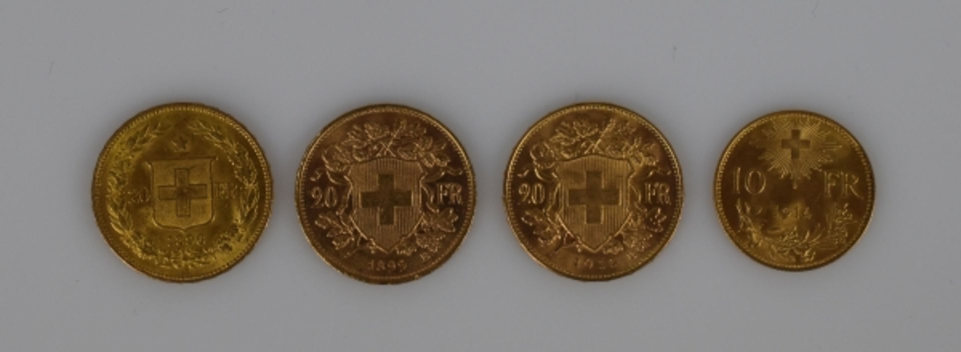 4 GOLDMÜNZEN 3x 20 Fr. (Vreneli) Schweiz, 1896, 1899, 1911 und 10 Fr. 1914, gesamt 22,5g