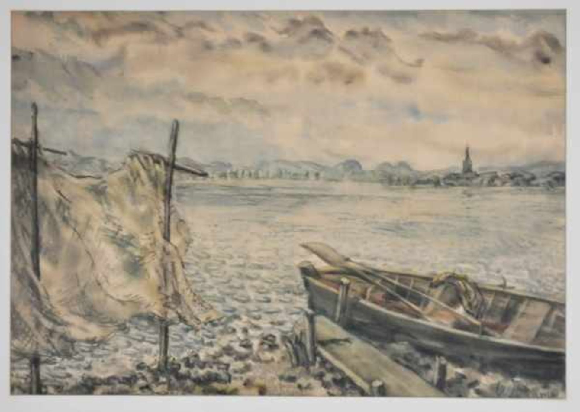 MÜLLER-ZELL Wilhelm (1894 - 1986 Radolfzell) "Reichenauerufer" mit Boot u. Fischernetz am Steg,