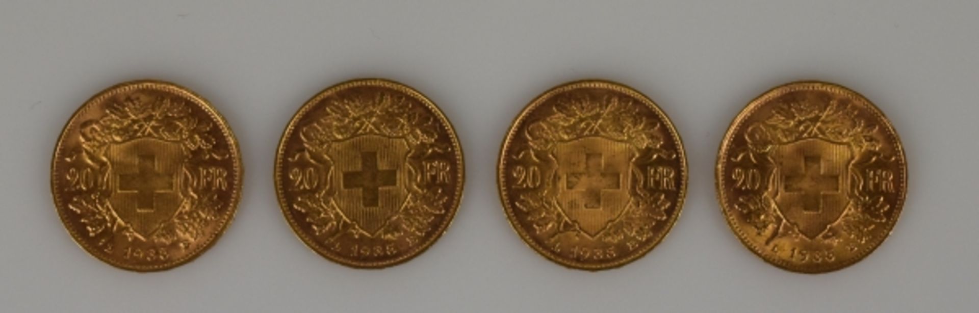 4 GOLDMÜNZEN 20 Fr. (Vreneli) Schweiz 1935 (4x), 25,8g