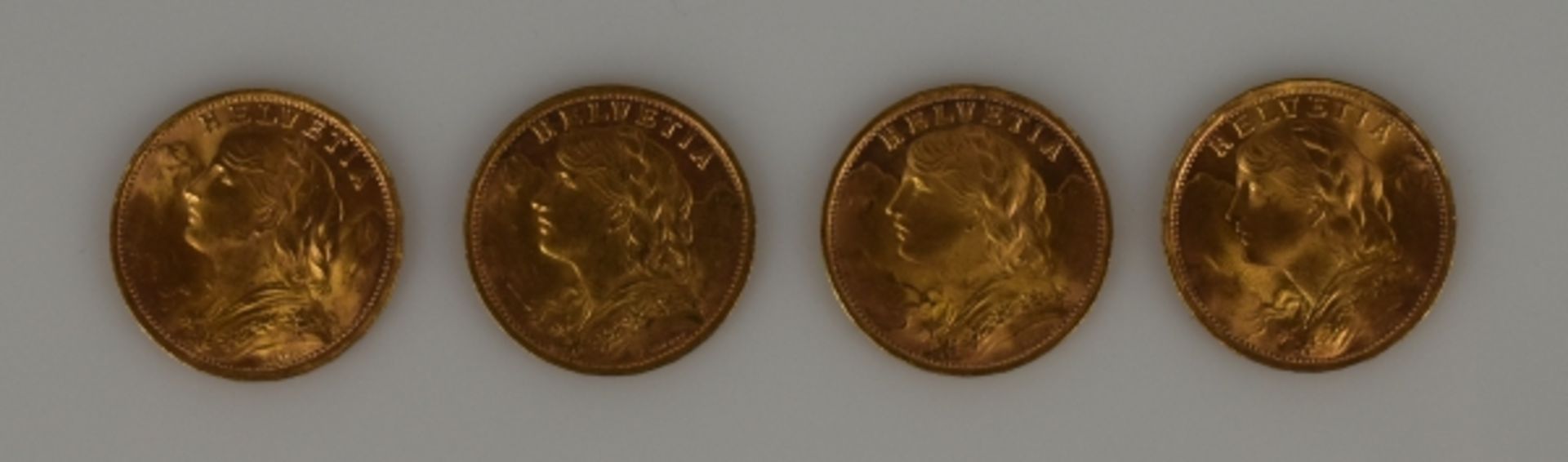 4 GOLDMÜNZEN 20 Fr. (Vreneli) Schweiz 1935 (4x), 25,8g - Bild 2 aus 2