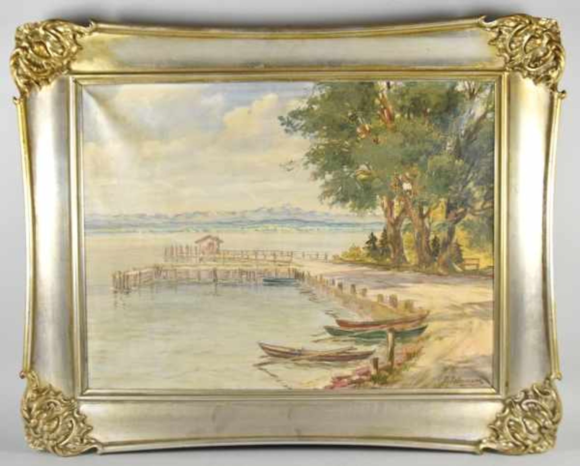 KELLERMANN Karl (1881 - 1961 Konstanz) "Kleiner Hafen mit Steg am Bodensee"im Hintergrund das - Image 2 of 7