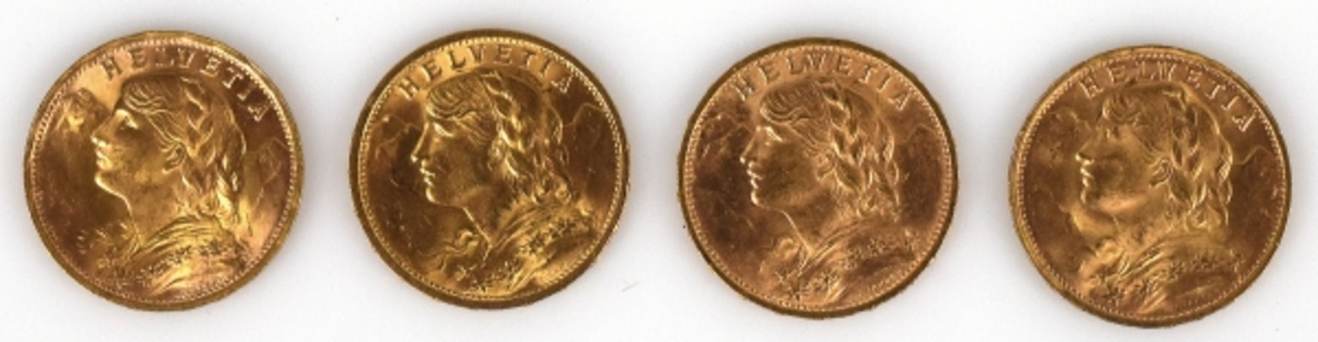 4 GOLDMÜNZEN 20Fr. (Vreneli), Schweiz, 1912, 1935, 1947, 1930, gesamt 25,79g - Bild 2 aus 2