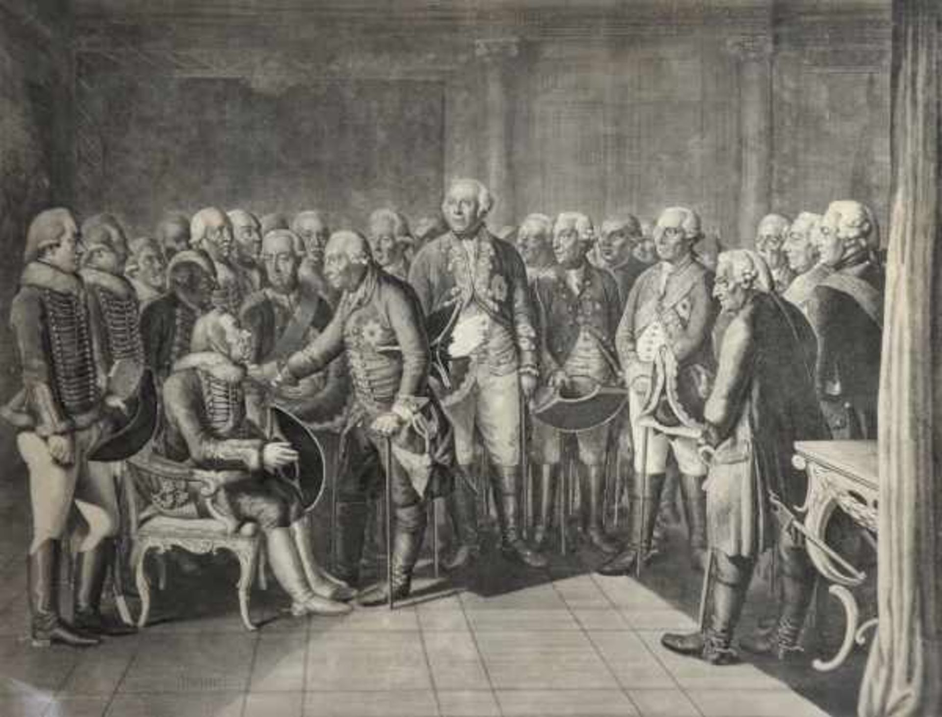 GENERAL VON ZIETHEN vor seinem König Friedrich II. sitzend, gezeichnet und gestochen v. Chodowiecki,