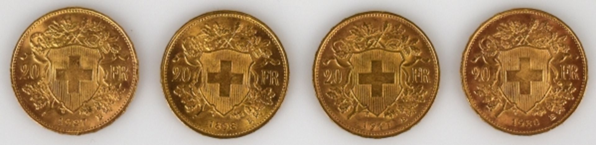 4 GOLDMÜNZEN 20Fr. (Vreneli) Schweiz, 1898, 1927, 1947, 1980, gesamt 25,8g