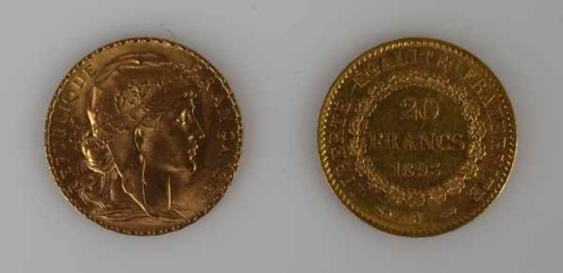 2 GOLDMÜNZEN 20 Fr. (Franc) Frankreich, 1893, 1914, gesamt 12,8g - Bild 2 aus 2