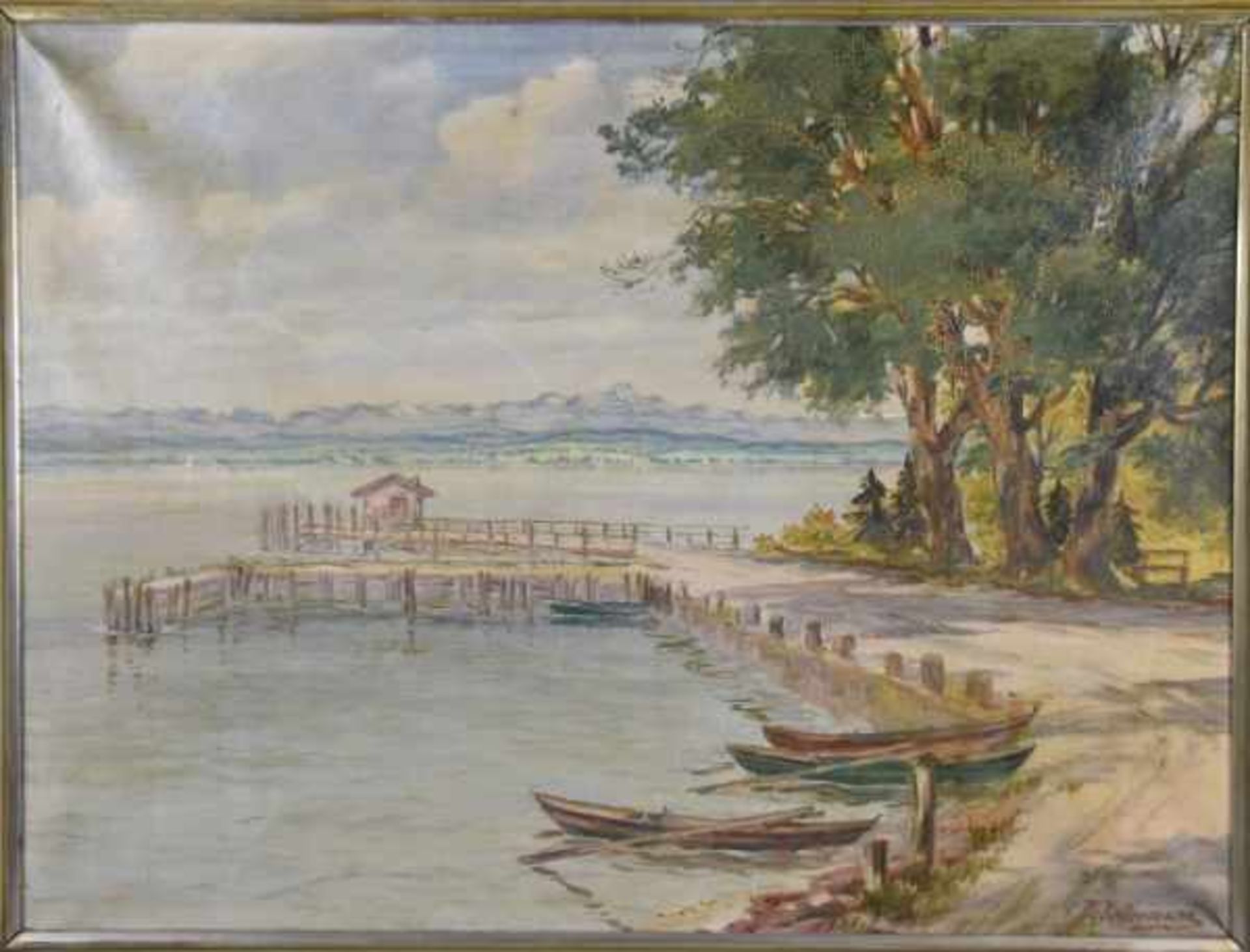KELLERMANN Karl (1881 - 1961 Konstanz) "Kleiner Hafen mit Steg am Bodensee"im Hintergrund das