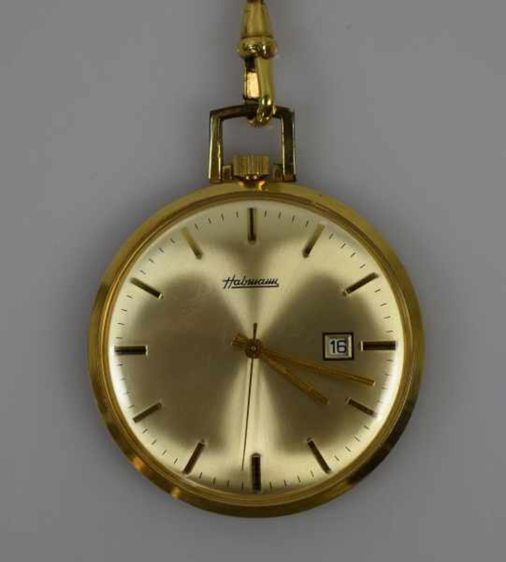 TASCHENUHR Habmann, vergoldetes Gehäuse mit hellem Zifferblatt, Goldindizes, Goldzeiger und Datum, - Bild 2 aus 5