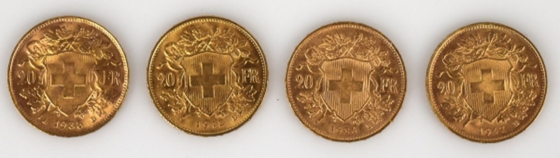 4 GOLDMÜNZEN 20Fr. (Vreneli), Schweiz, 1912, 1935, 1947, 1930, gesamt 25,79g