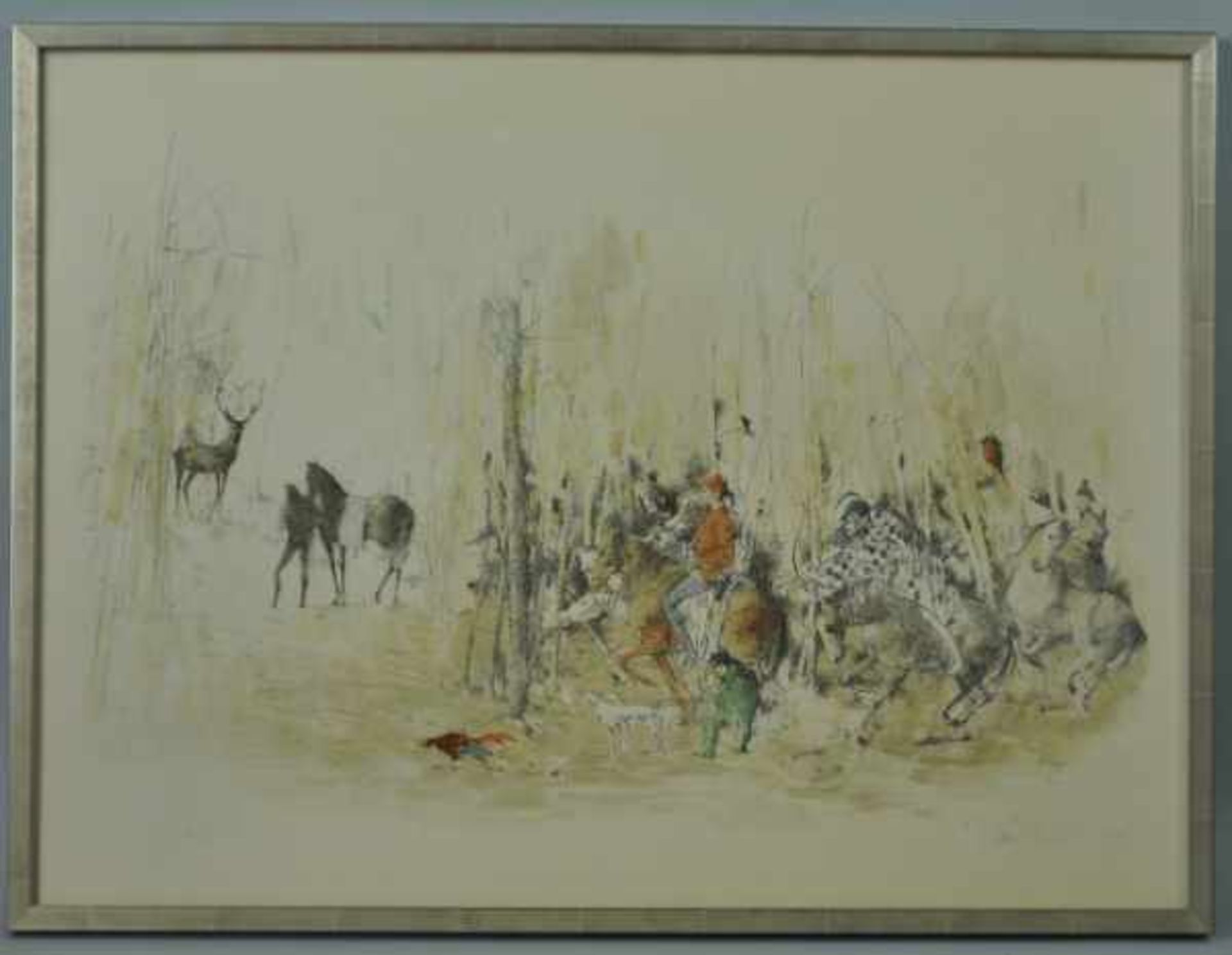 BACHMANN Otto Karl (1915 Luzern - 1996 Ascona) "Fantastische Jagdgesellschaft", Reiter auf Pferden - Bild 2 aus 3
