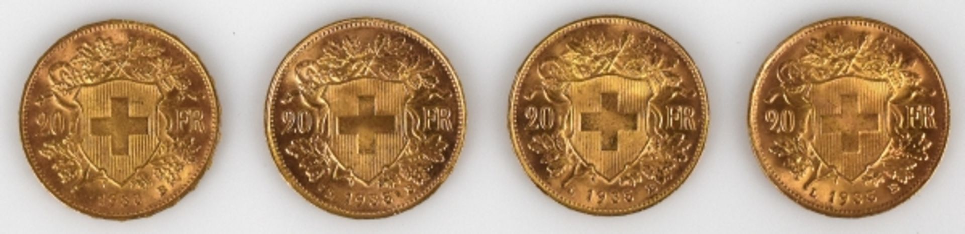 4 GOLDMÜNZEN 20 Fr. (Vreneli) Schweiz, 1930, 1935 (3x), gesamt 25,8g