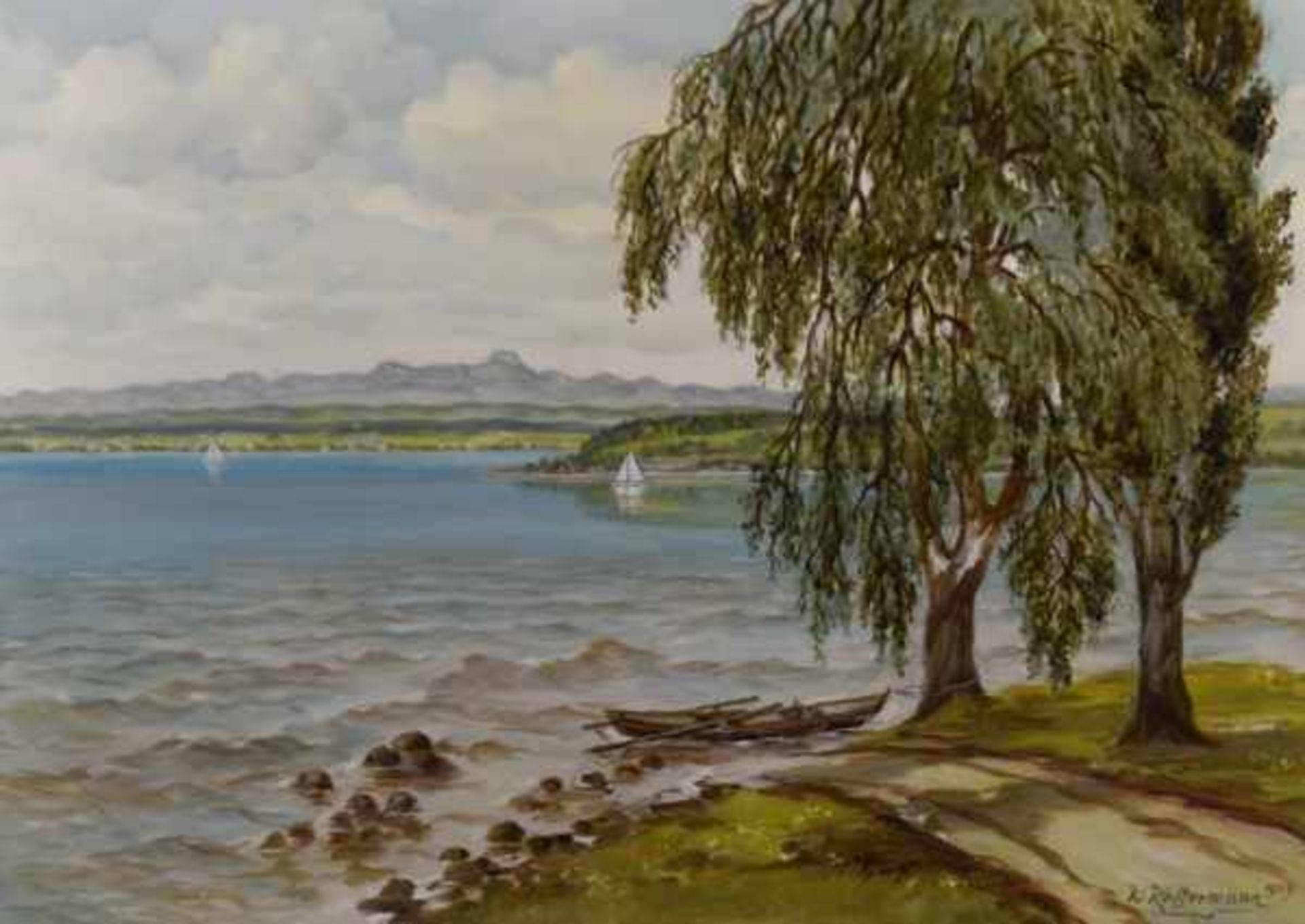 KELLERMANN Karl (1881 - 1968) "Blick auf den Bodensee" mit Reichenau u. im Hintergrund Hegauberge,