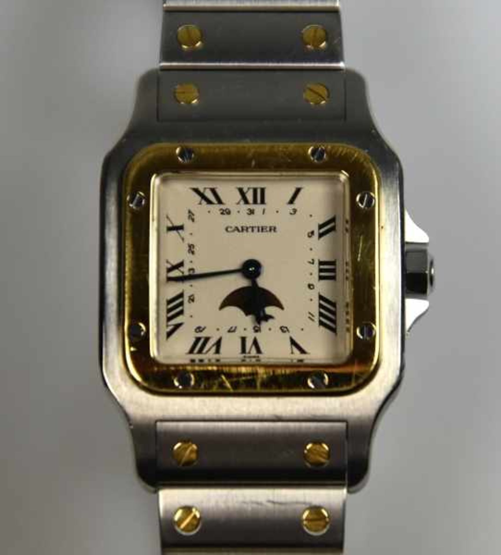 HERREN-ARMBANDUHR Cartier, Santos, Quartz, Stahlgehäuse mit Goldlünette, Dekor in Gold 18ct, - Image 2 of 4