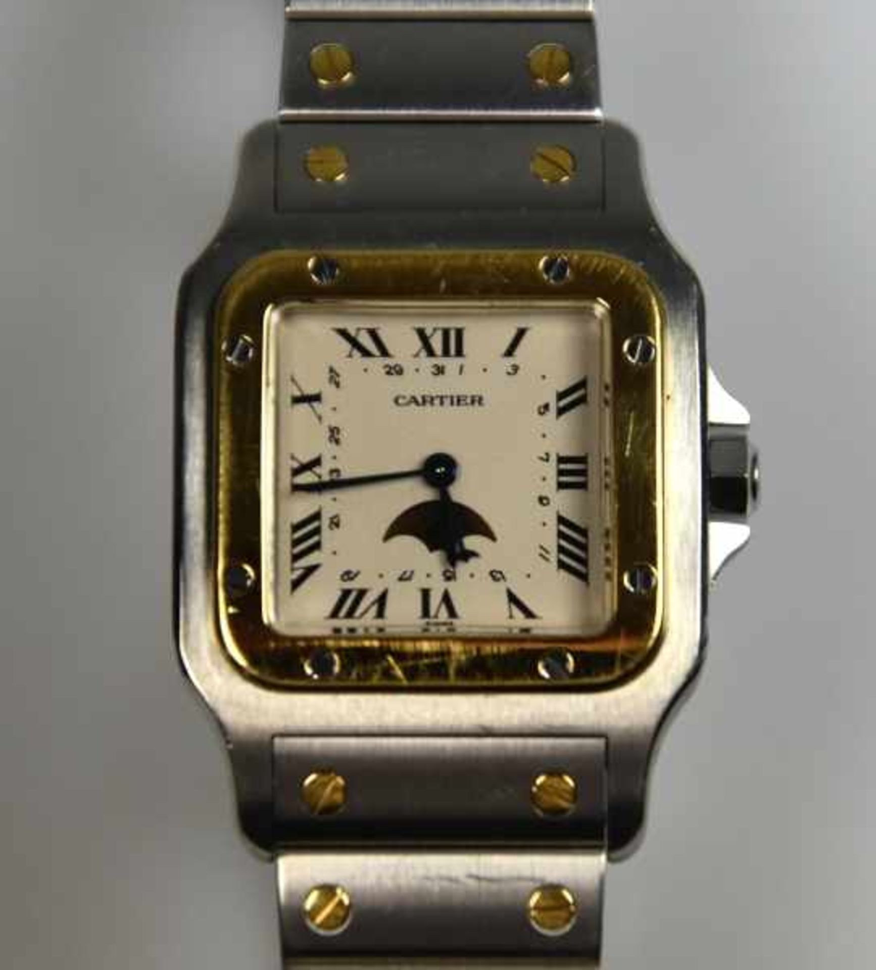 HERREN-ARMBANDUHR Cartier, Santos, Quartz, Stahlgehäuse mit Goldlünette, Dekor in Gold 18ct, - Bild 2 aus 4