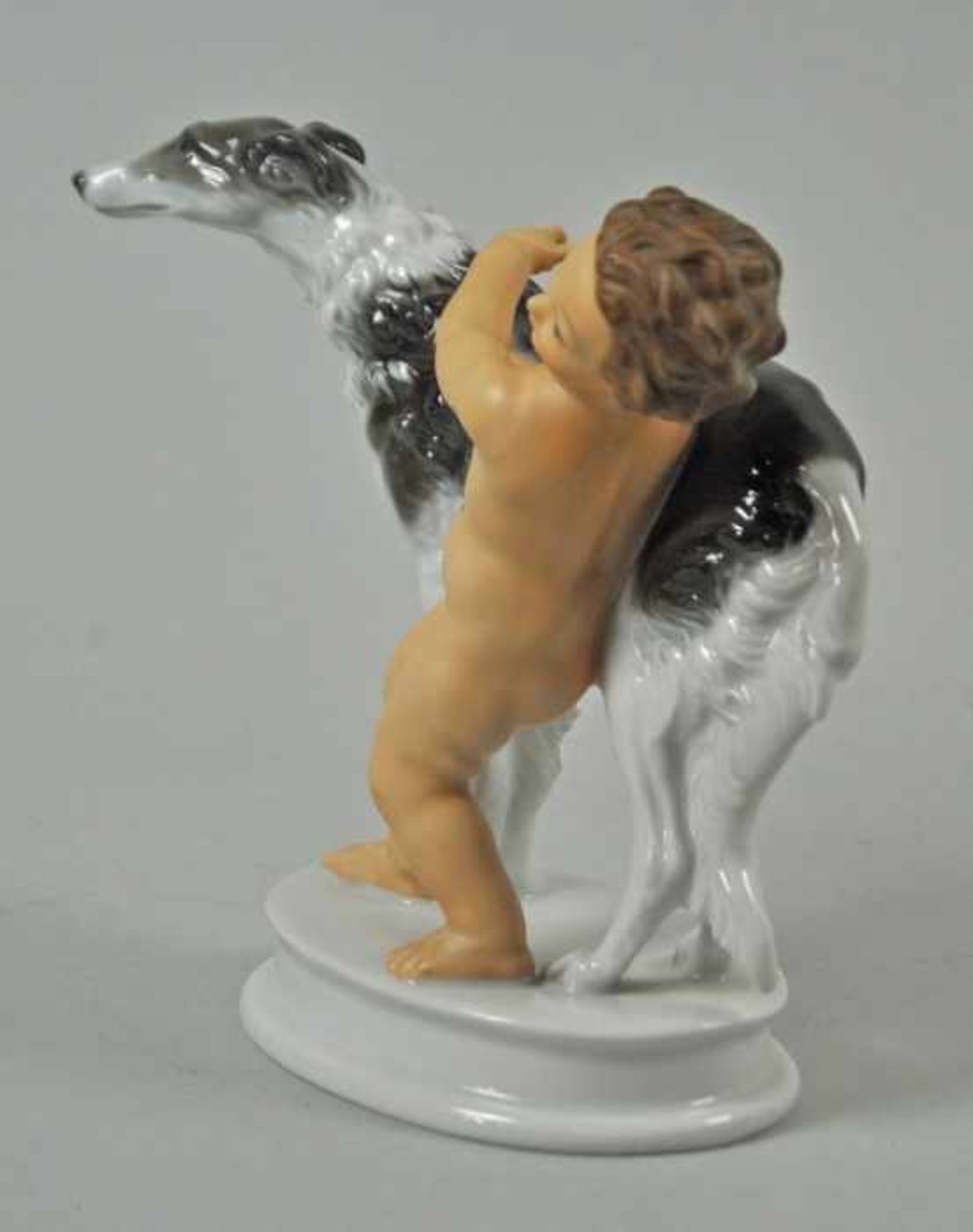 PUTTO MIT WINDHUND "Windspiel", Putto einen Windhund am Halsband haltend, fein polychrom - Bild 6 aus 13