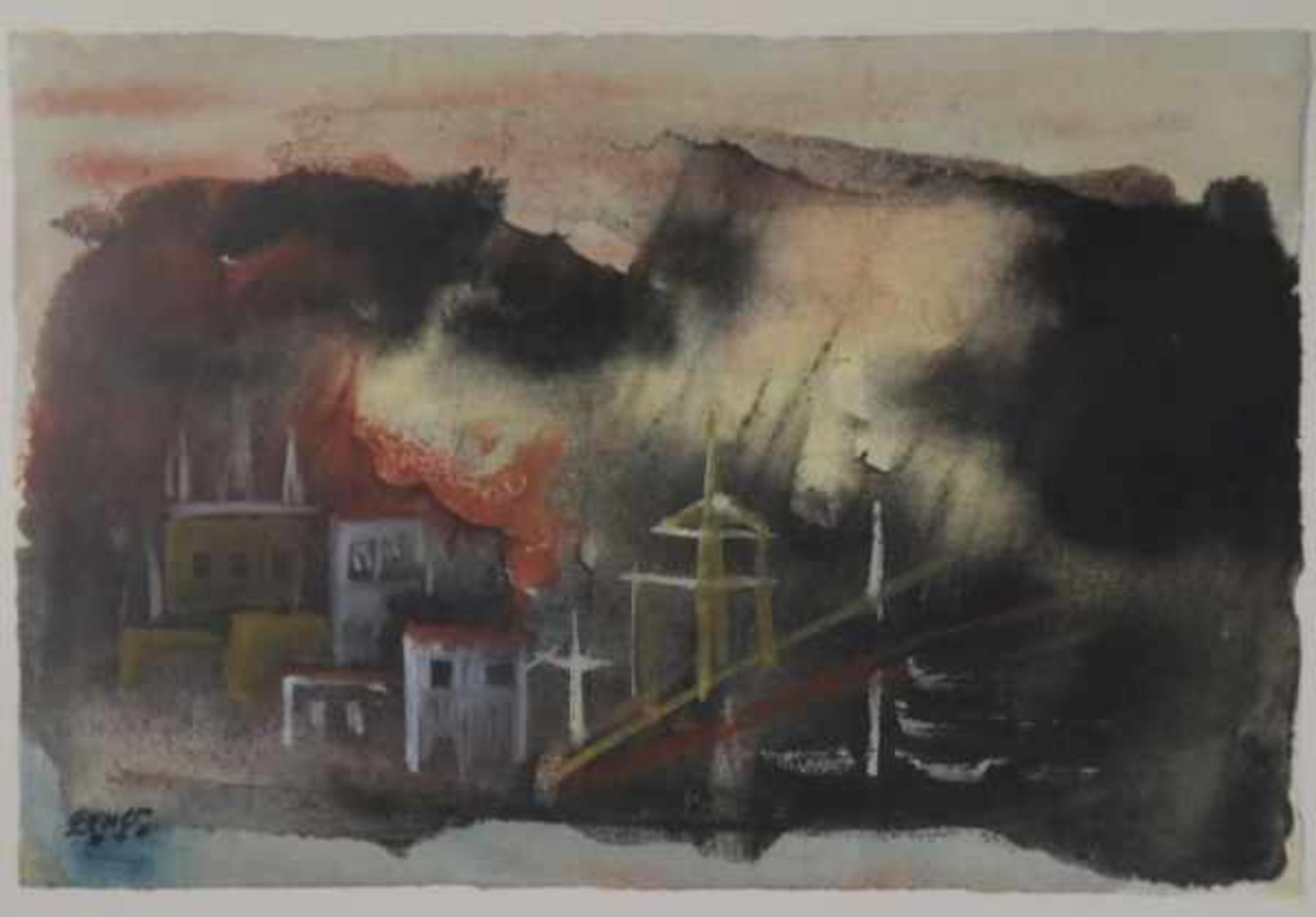 EXNER Erwin (1915 Wien - 1995 Wagrain) "Industrieansicht" mit Gebäuden u. schwarz/rotem Himmel,