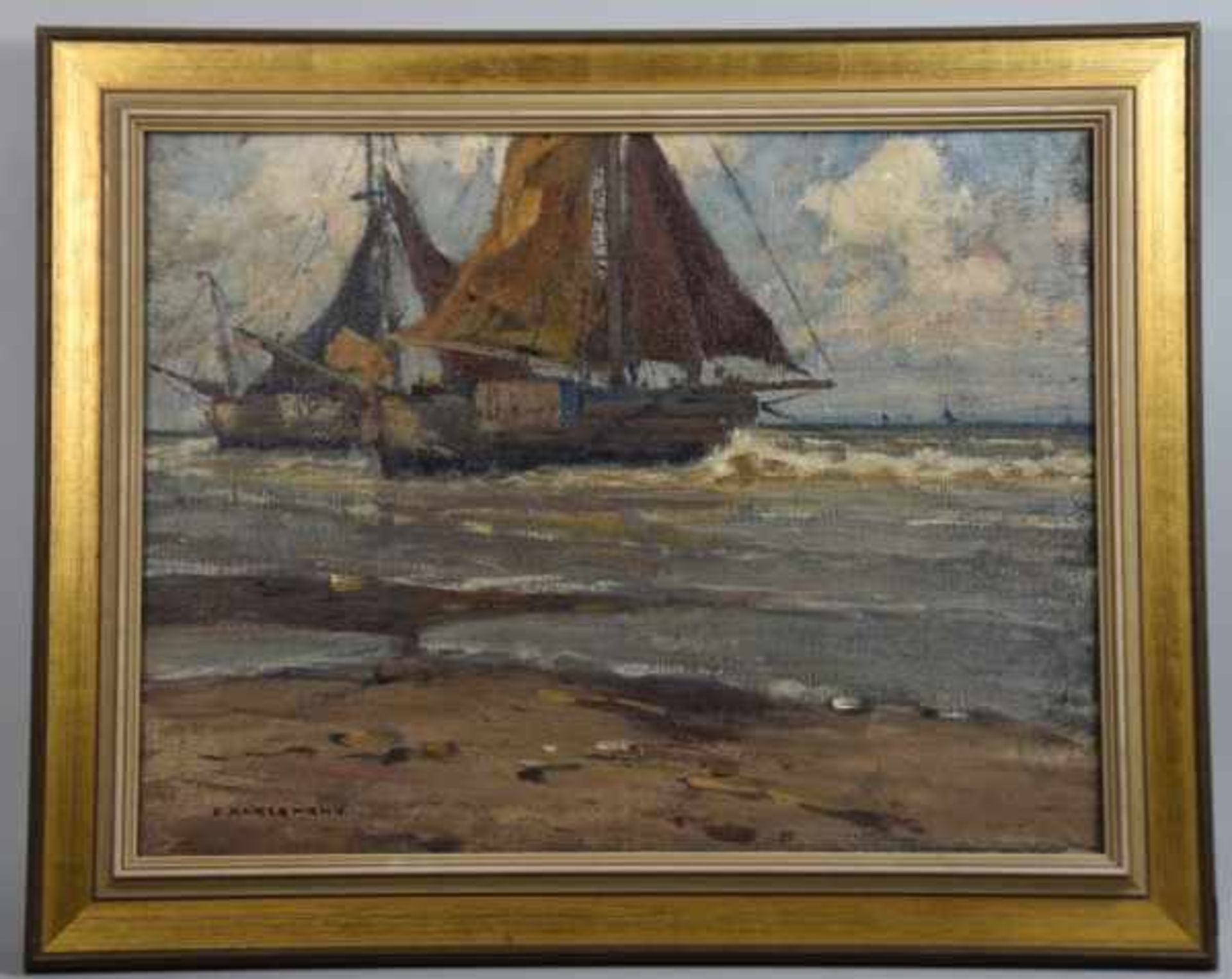 ACKERMANN Otto (1872 Berlin - 1953 Düsseldorf) "Segelschiff" in Ufernähe, Öl auf Leinwand, links - Bild 2 aus 3
