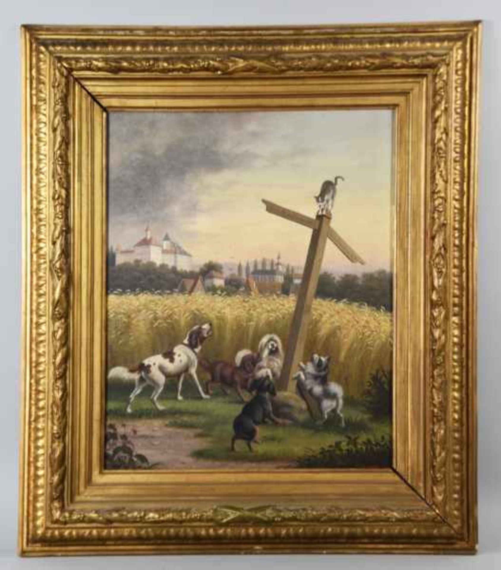 GEORGIUS Robert (1871 - 1942 Deutschland) "Hunde am Wegkreuz", 5 Hunde bellend vor einem Wegkreuz - Bild 2 aus 3