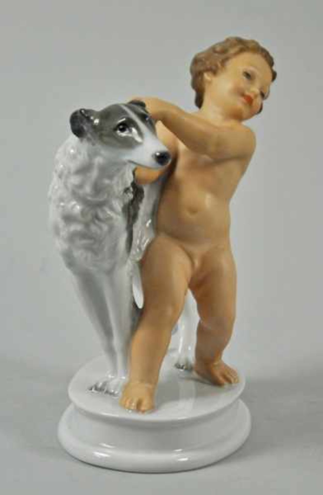 PUTTO MIT WINDHUND "Windspiel", Putto einen Windhund am Halsband haltend, fein polychrom - Bild 9 aus 13