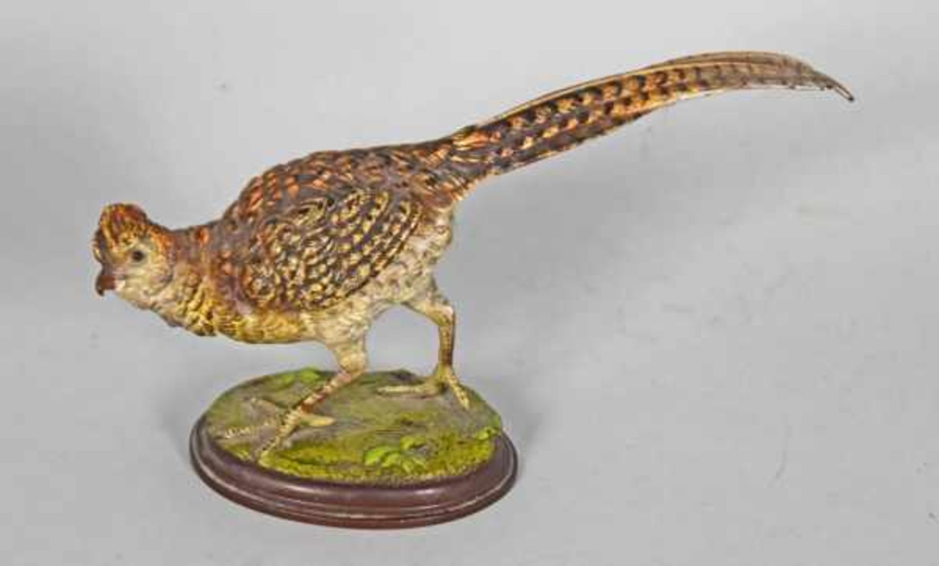 GOLDFASAN Weibchen, naturalistisch polychrom dekoriert, auf ovaler Basis, Bronze, 20.Jh., 8,5x15x4,