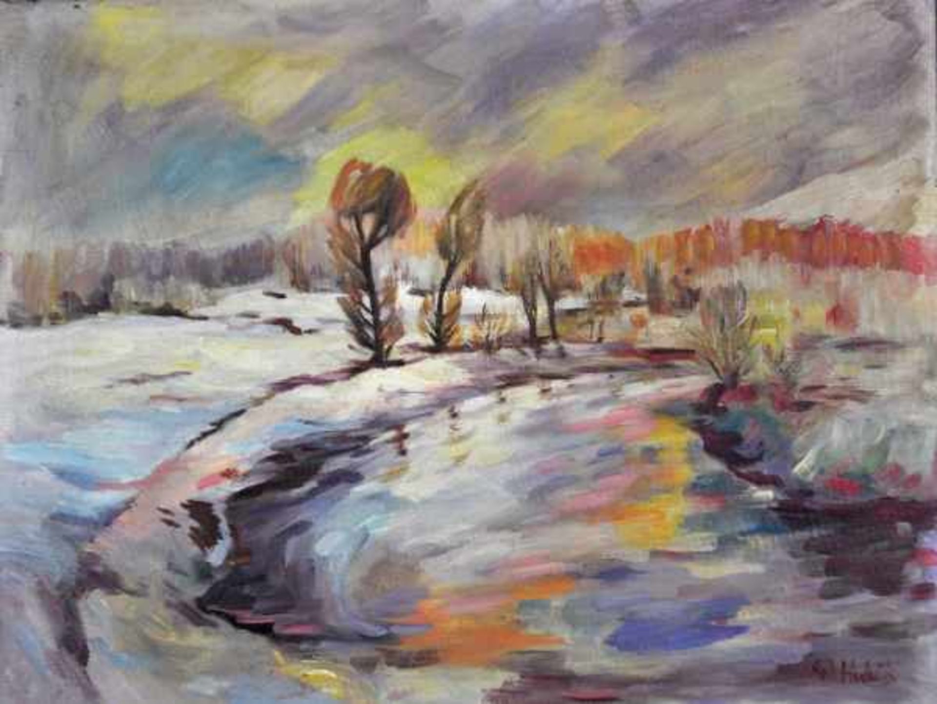 HUDECEK Antonin (1872 Loucká - 1941 Castolovice) "Winterlandschaft" mit Fluss und Bäumen, in